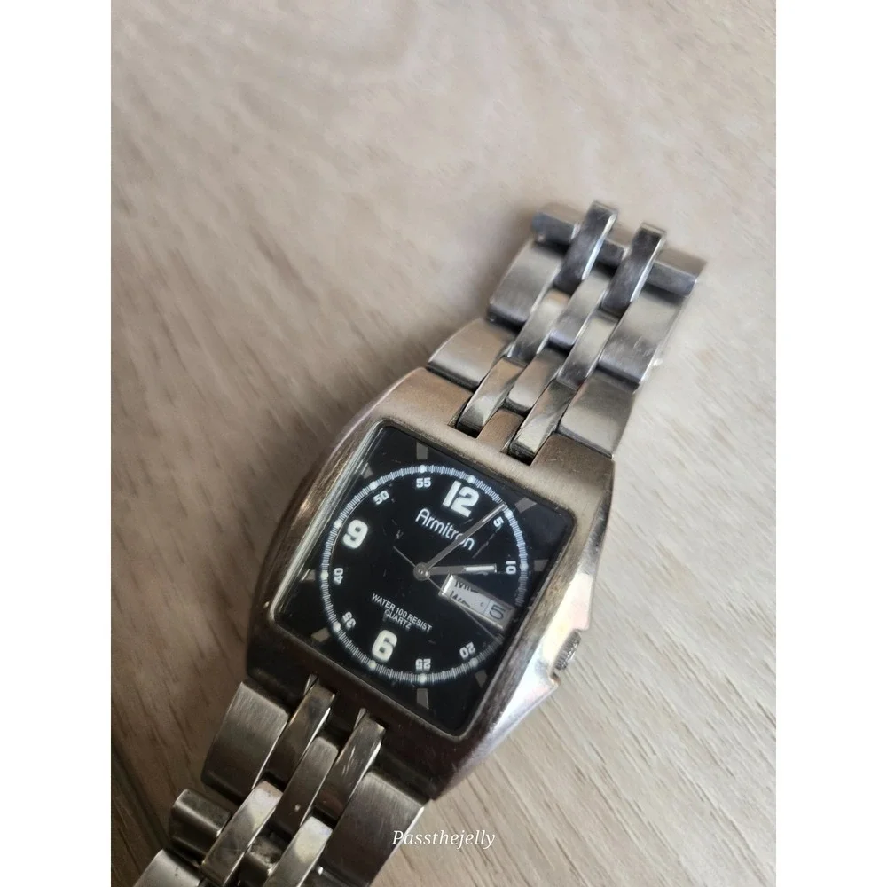 Armitron Watch Mens Quartz Black Dial Day Date Silver Tone Stainless Steel